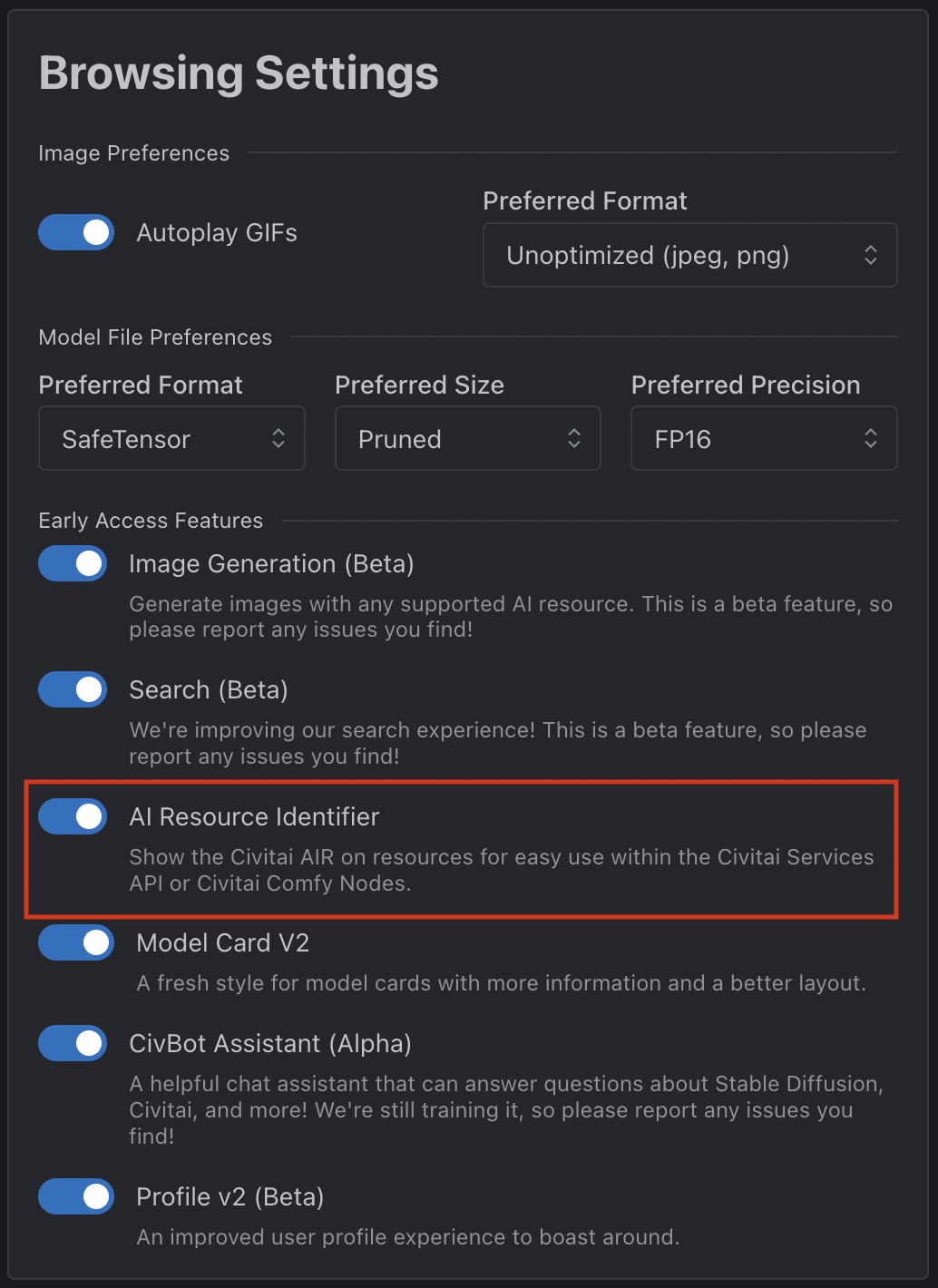 Browsing settings AIR toggle